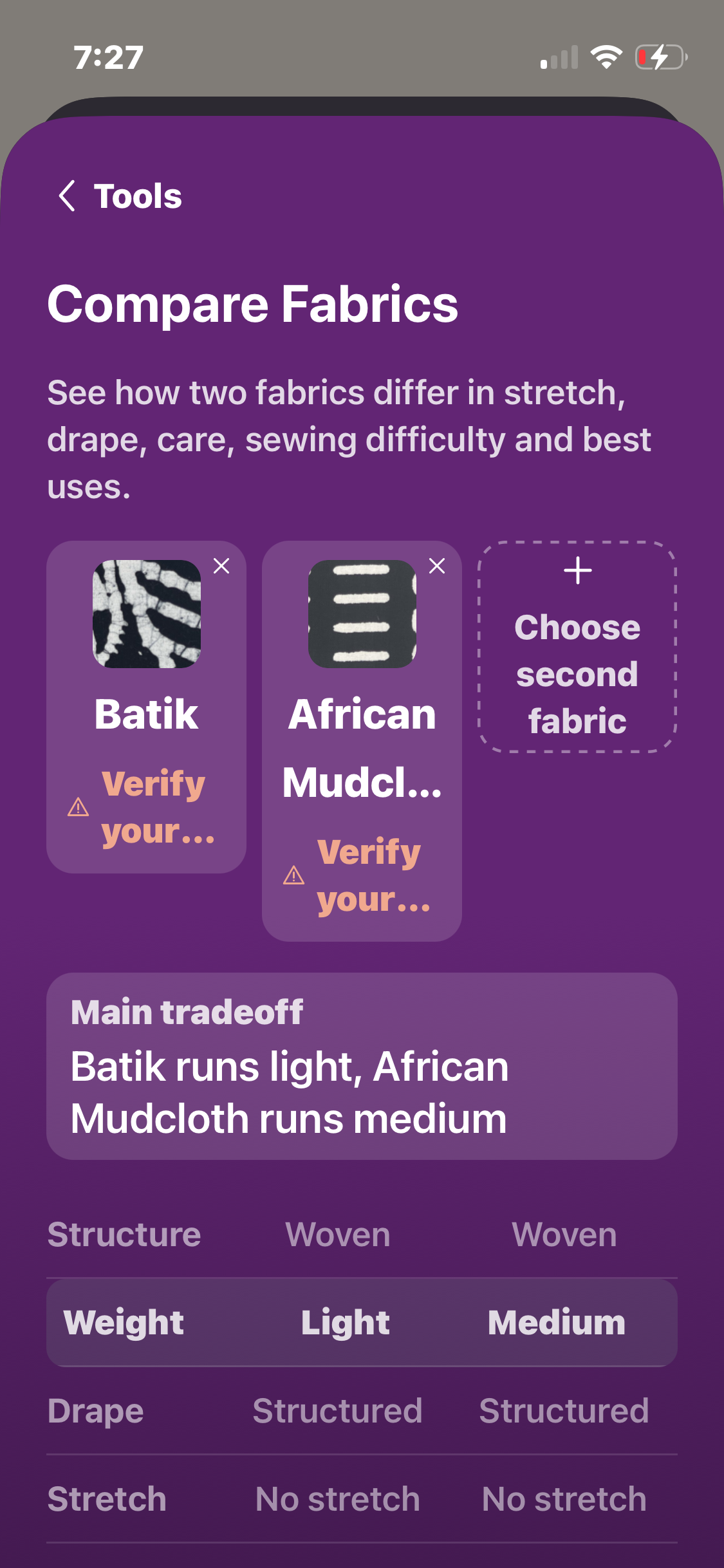 Compare Fabrics screen showing Batik and African Mudcloth side by side with their main tradeoff and physical properties