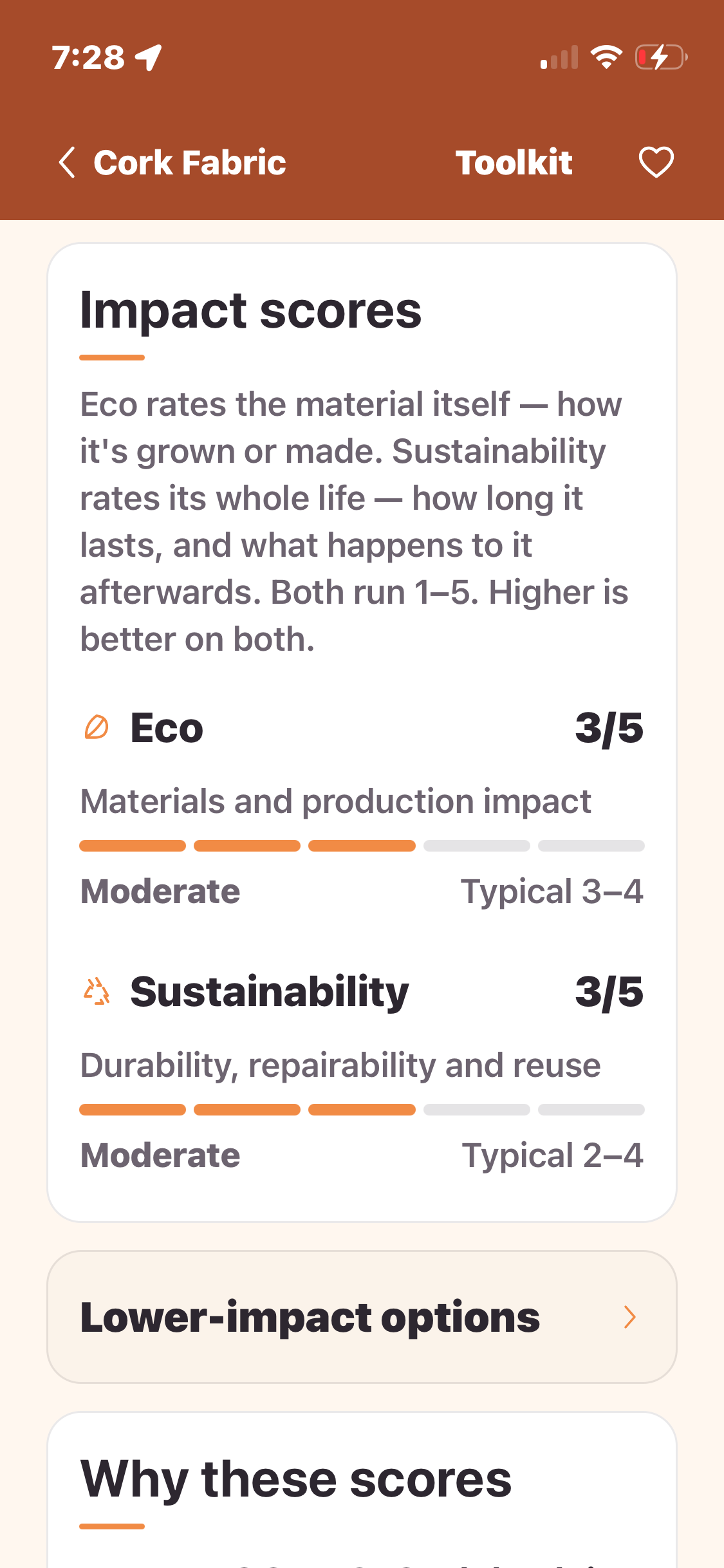 Cork Impact screen explaining Eco and Sustainability scores