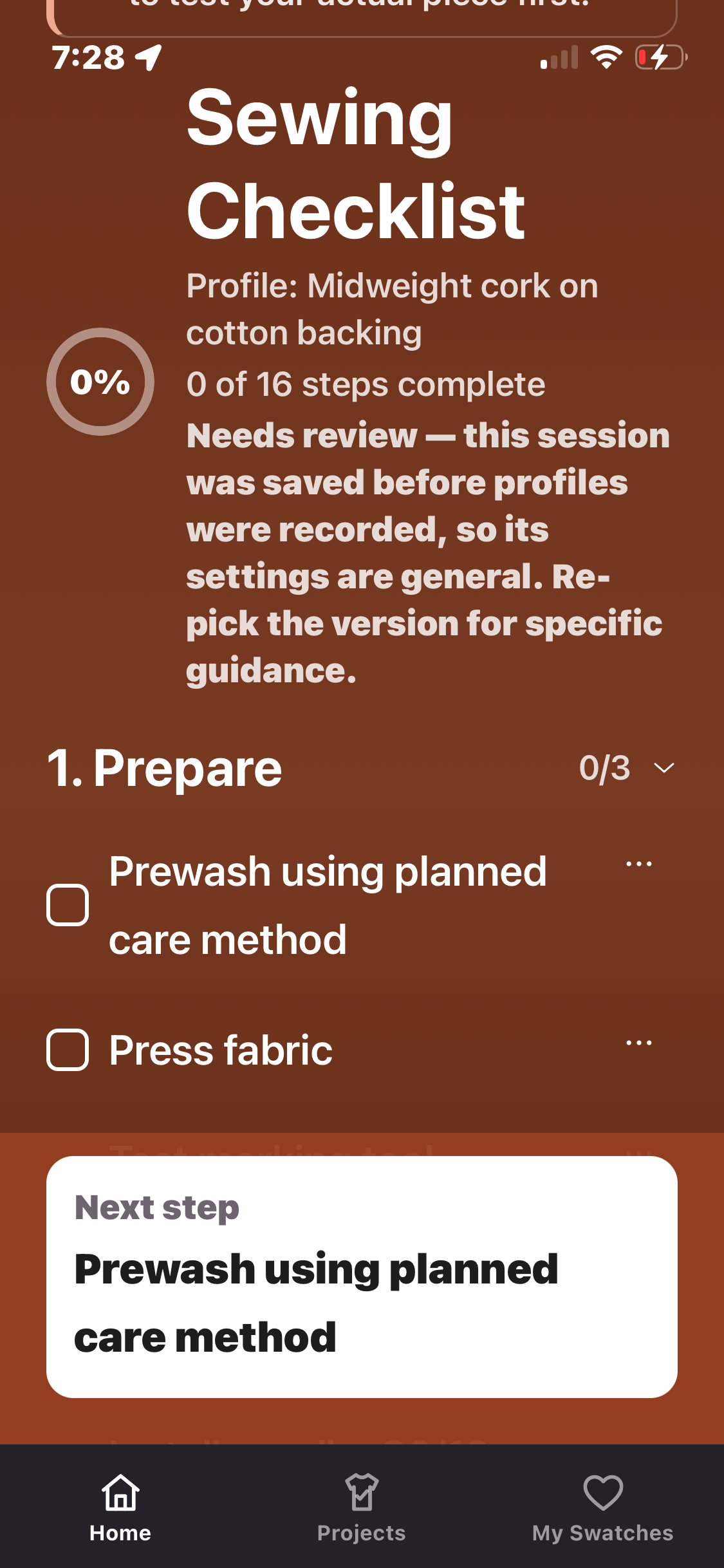 Cork Start Sewing checklist with profile-specific steps and progress