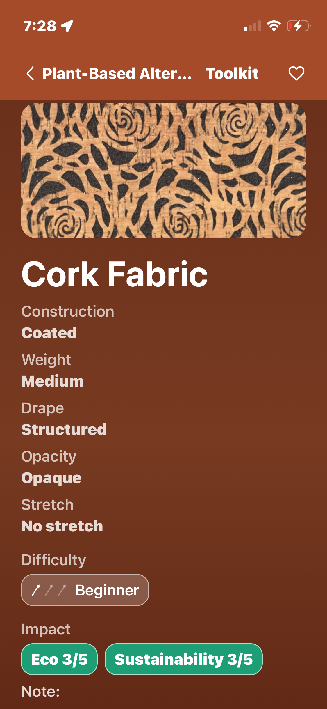 Cork Fabric Page showing construction, weight, drape, opacity, stretch, difficulty and impact scores