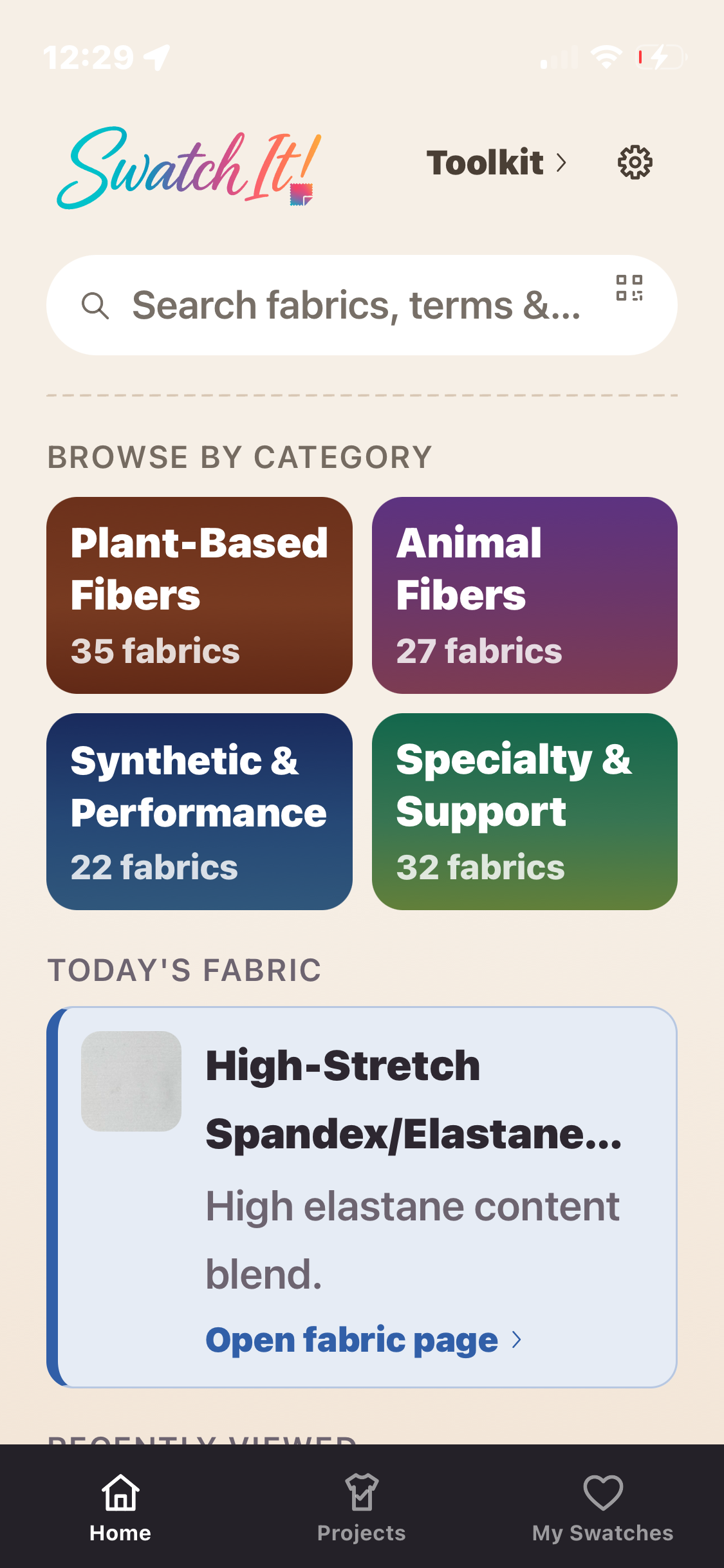 Swatch It! home screen showing four fabric families and Today's Fabric