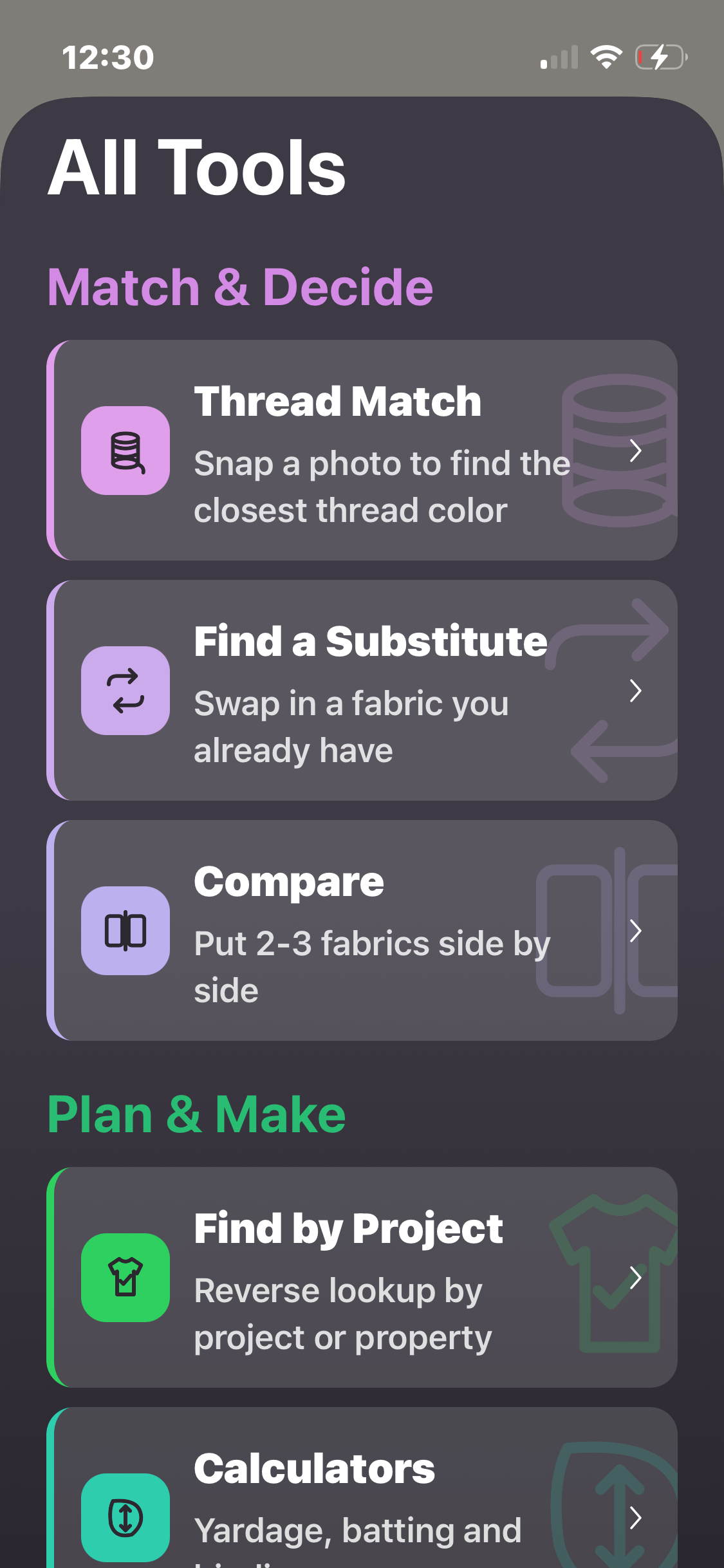 Swatch It! tools screen with textile reference, calculators, project finder and thread matcher