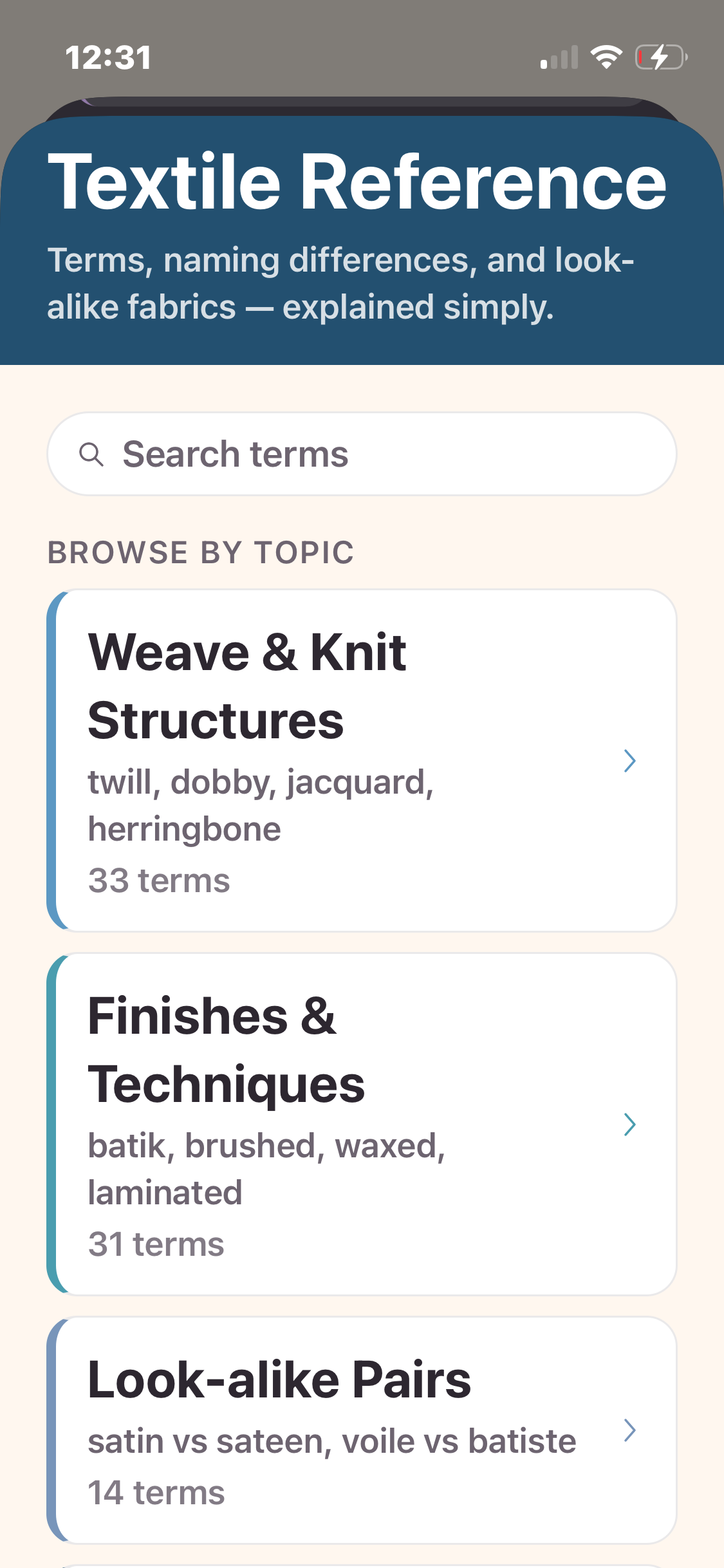 Textile Reference library with searchable textile terms