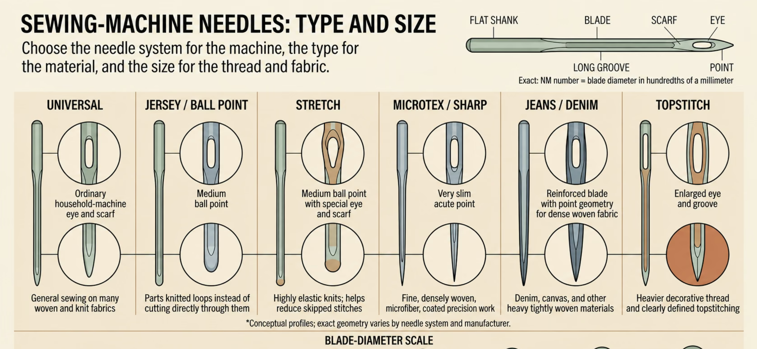 Infographic explaining common sewing-machine needle types