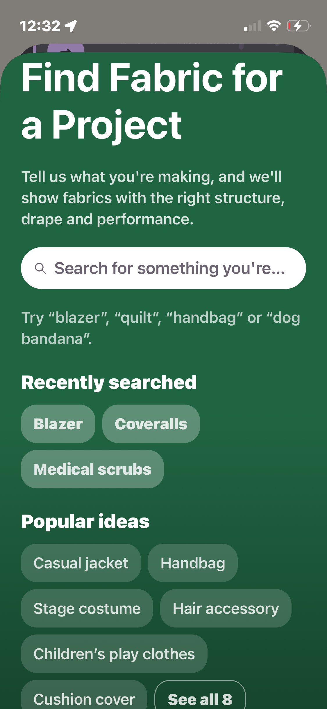 Find Fabric for a Project screen with project categories and fabric property filters