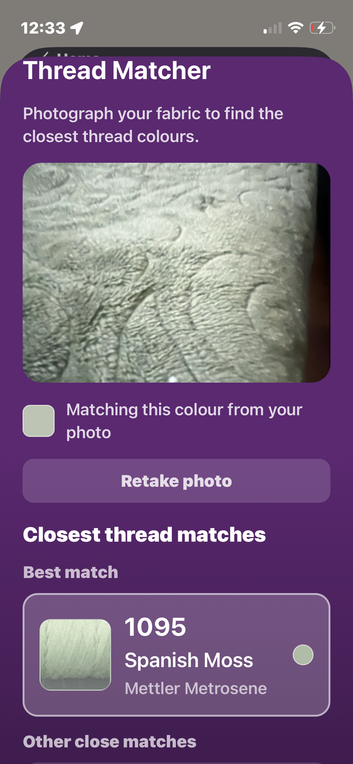 Thread Matcher result with the photographed fabric, best thread match and other close matches