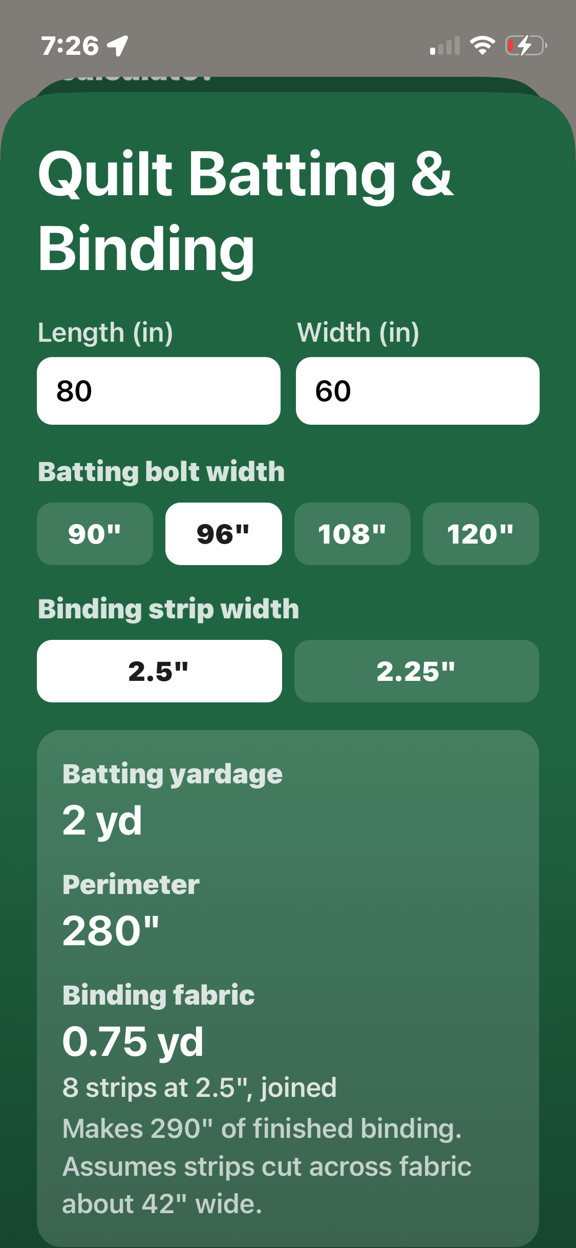 Quilt Batting and Binding calculator showing batting yardage, perimeter and binding fabric