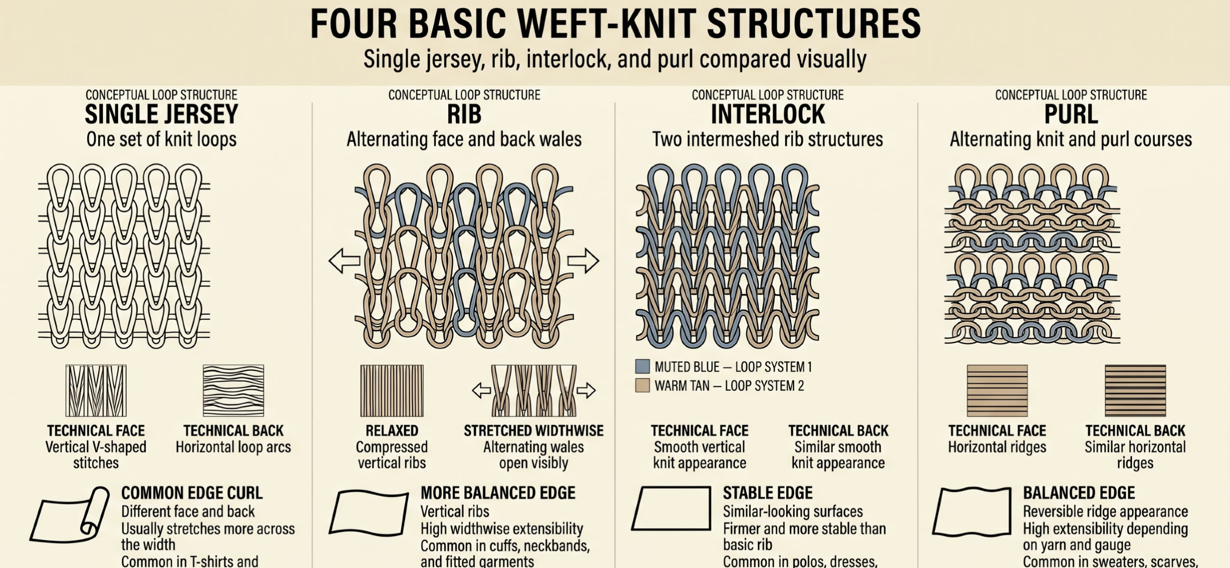 Infographic comparing single jersey, rib, interlock and purl weft-knit structures