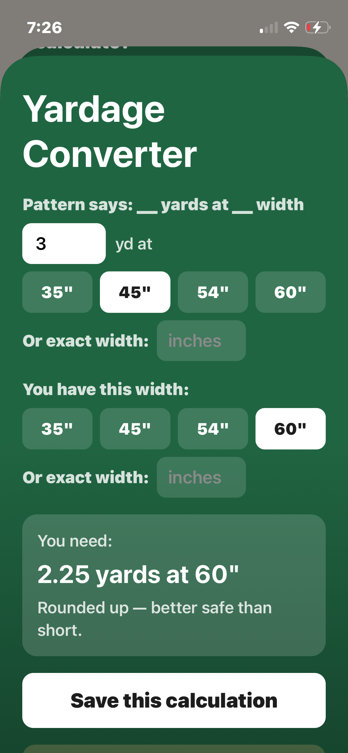 Yardage Converter calculating how much fabric is needed at a different width